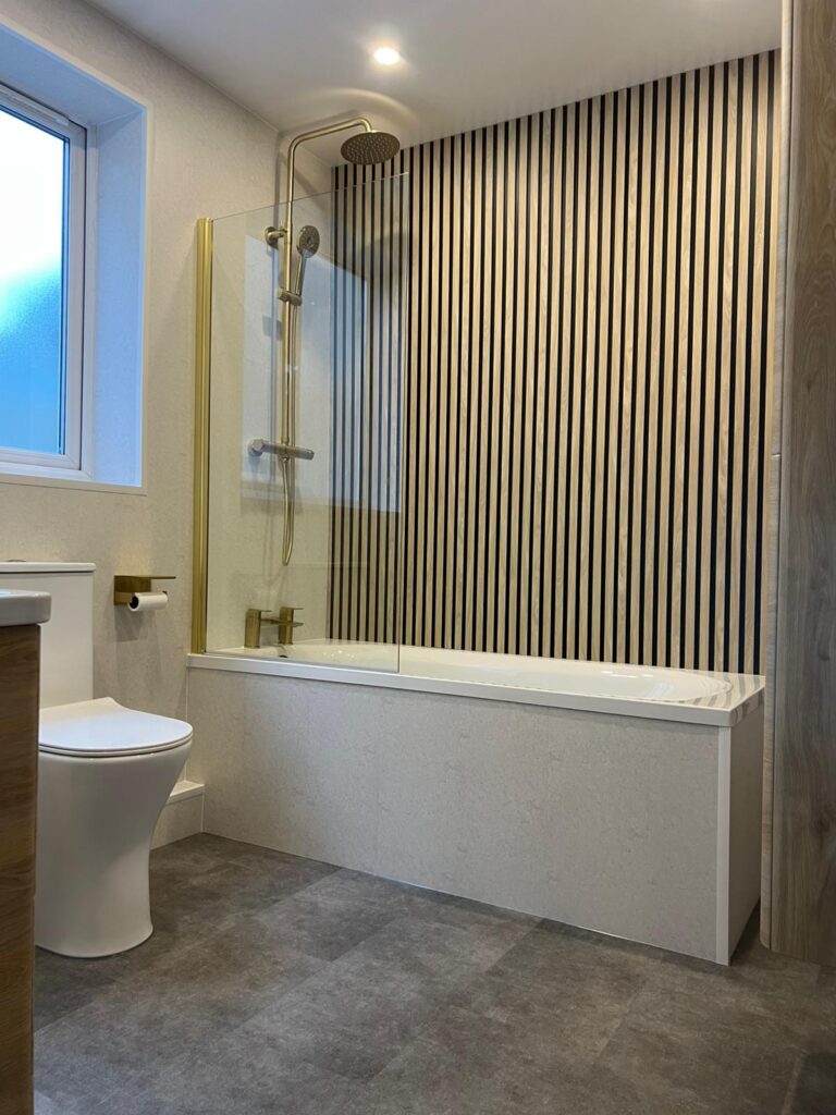 Light Oak Slat Wall Panels in Brushed Brass Bathroom