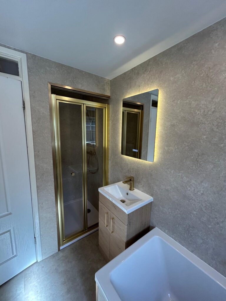Beige concrete wall panels and bluetooth LED mirror